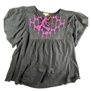 Knox Rose Shirt Women Large Black Boho Cottagecore Short Sleeve Embroidered NWT